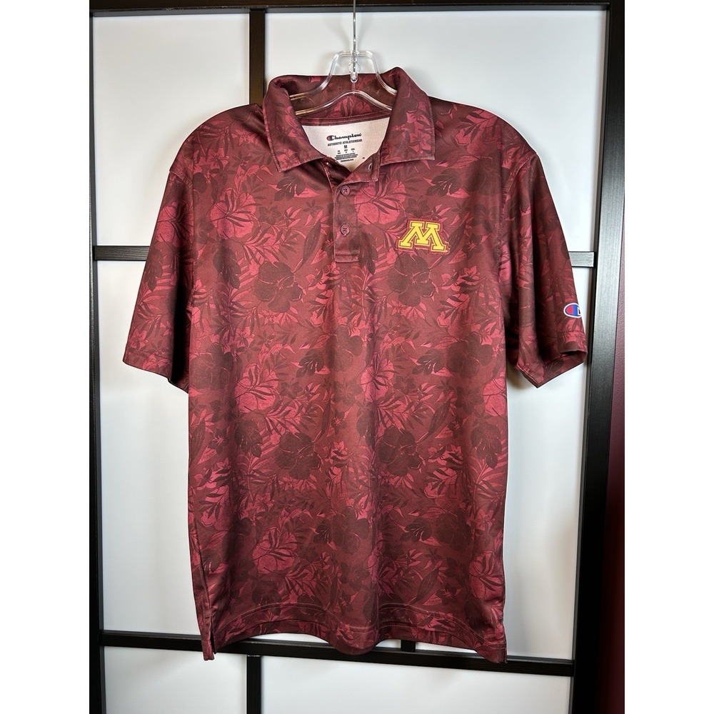 MN Gophers Champion Polo Shirt Mens M Maroon Floral Tropical Golf Performance